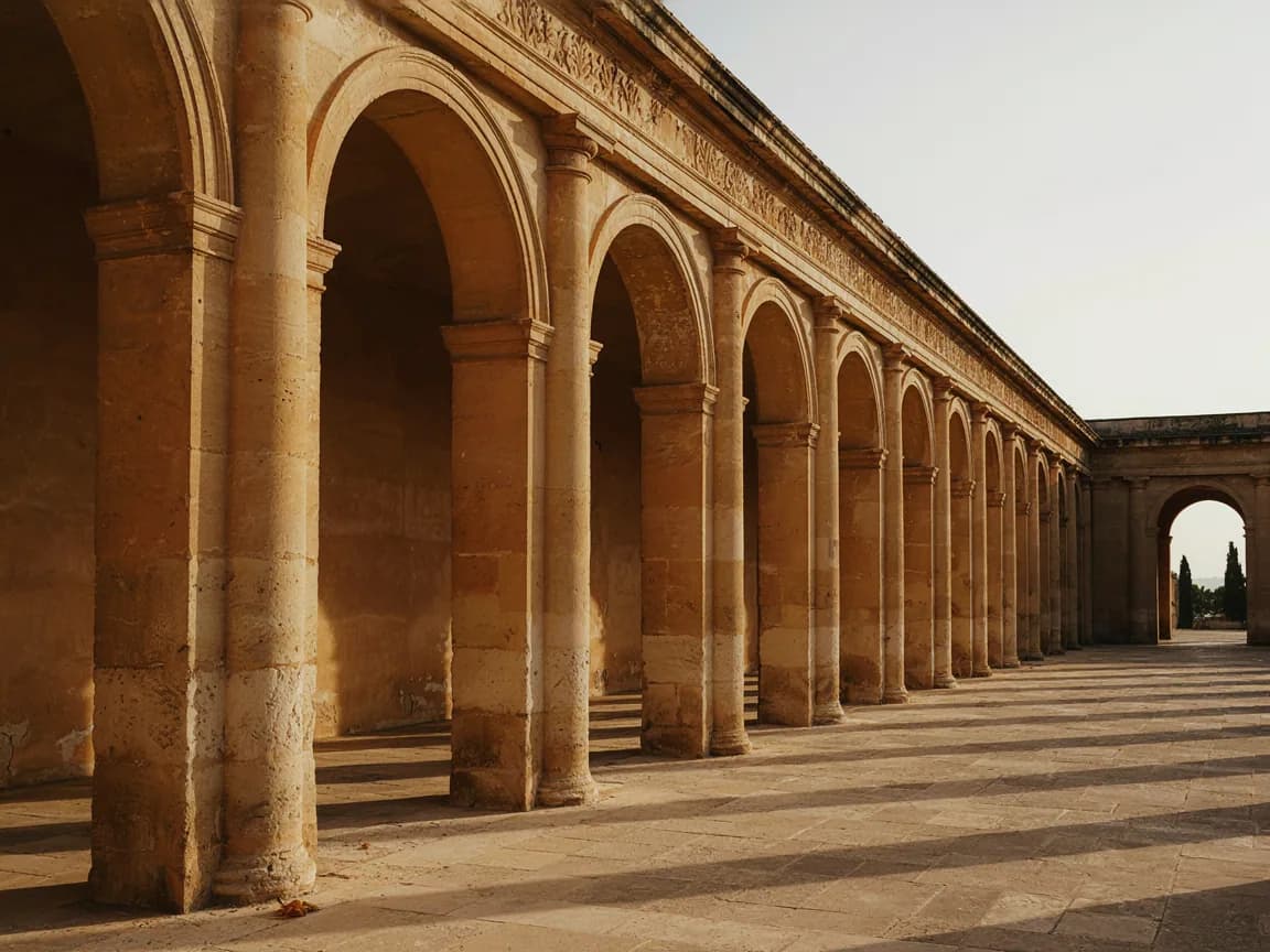 A warm sandstone colonnade with deep arches in afternoon light.