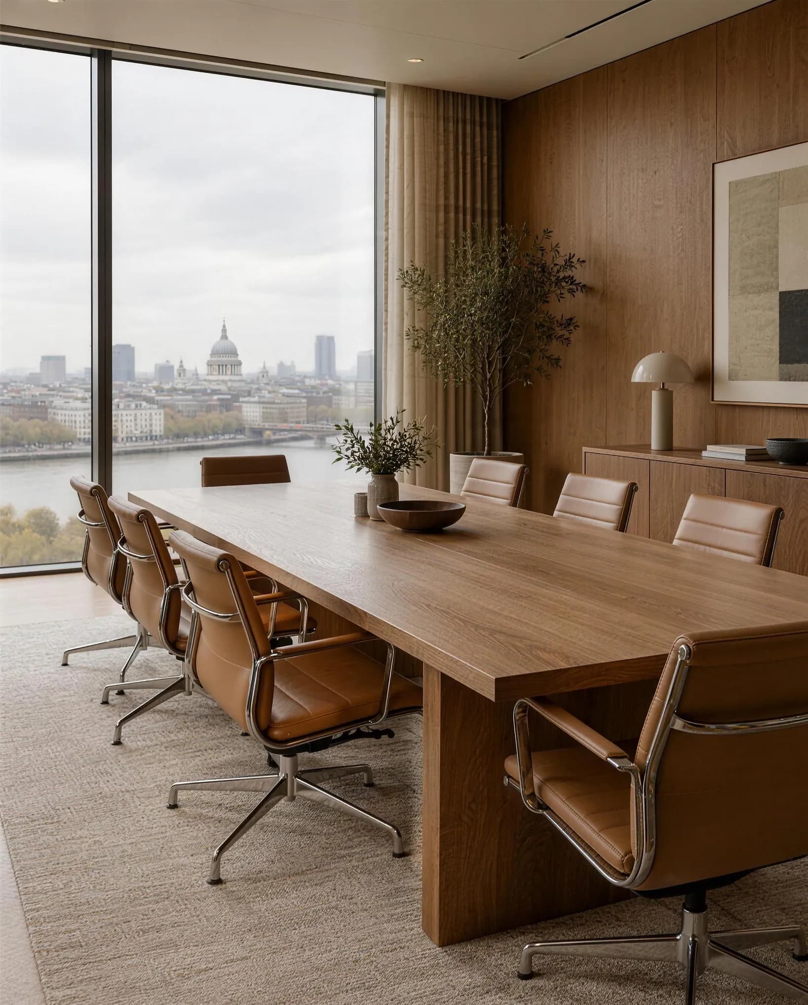 A law firm boardroom with an oak table, tan leather chairs and a view over the river.