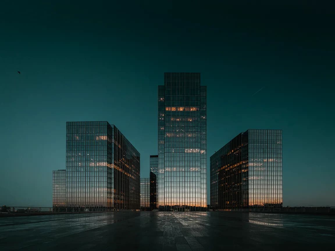 Glass office towers at blue hour with warm lights in the windows.